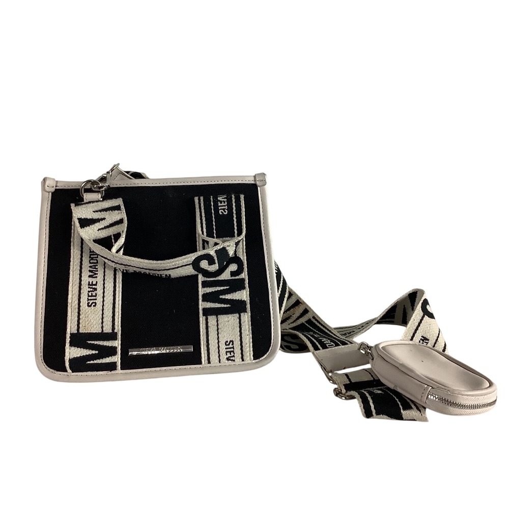 Steve Madden BDignity Black Cream Canvas Crossbody Tote Bag with Coin Purse